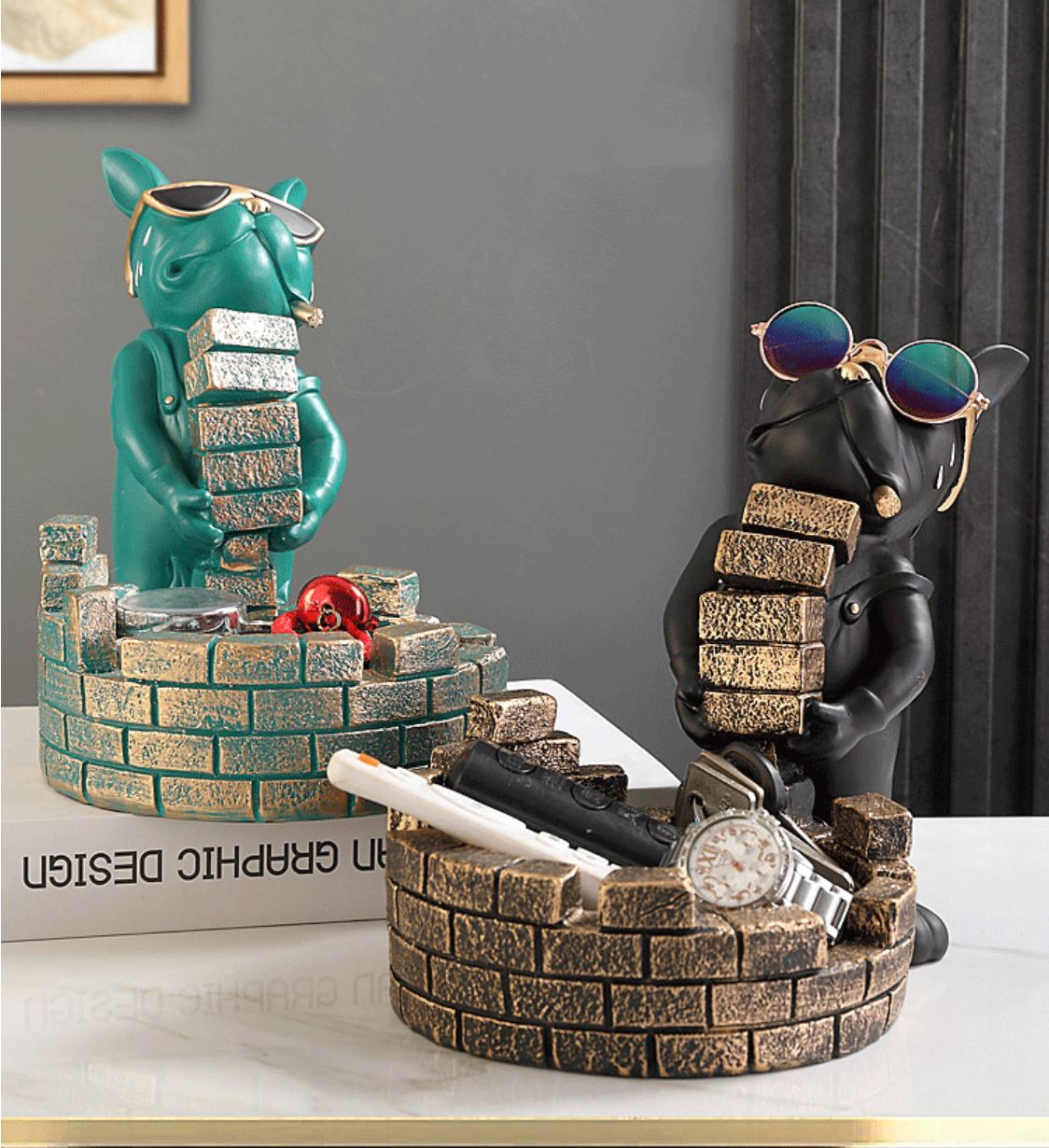 Escultura Bulldog Mordomo Construtor Aparador Chave Controle Relógio