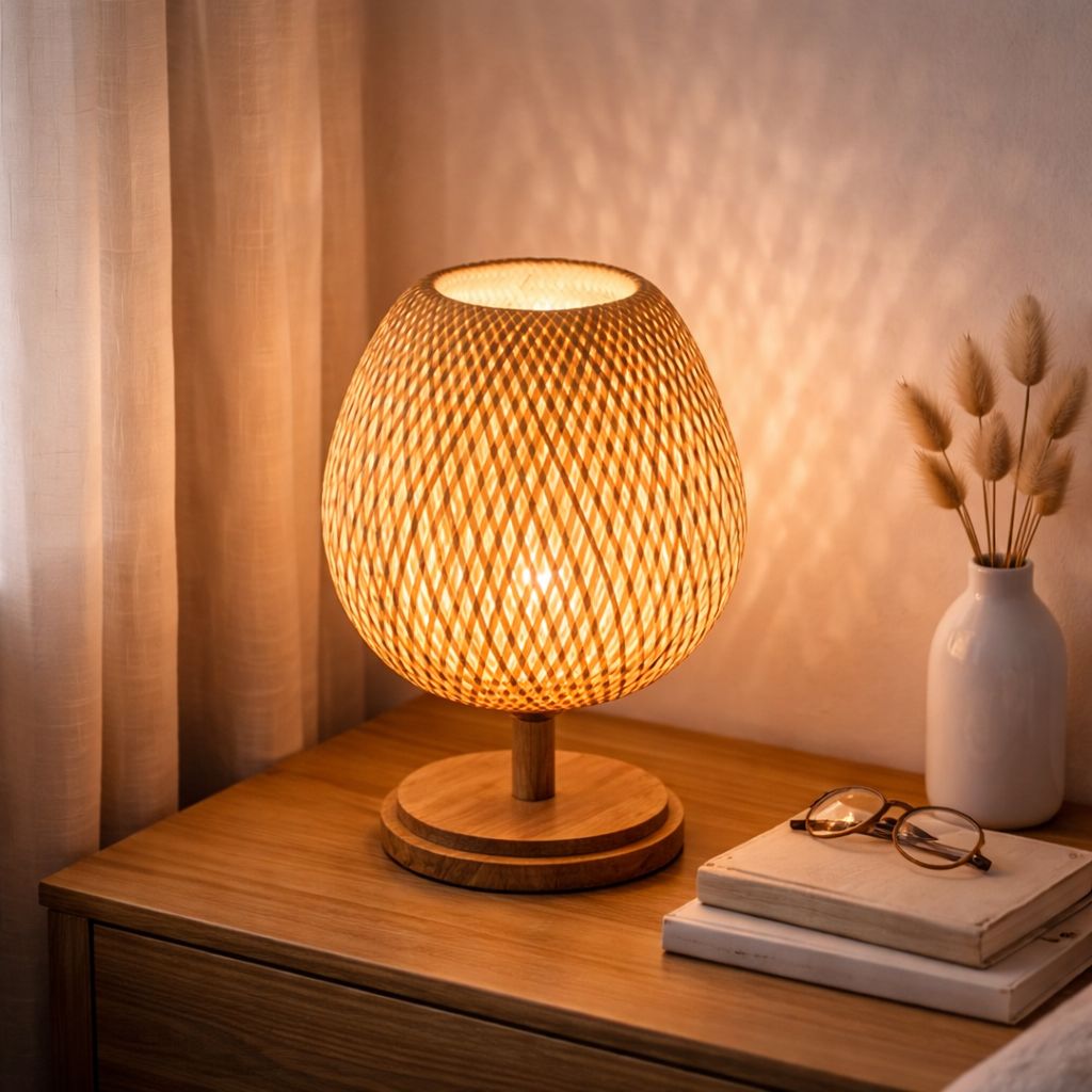 Luminária Abajur de Mesa Artesanal Bambu Rattan