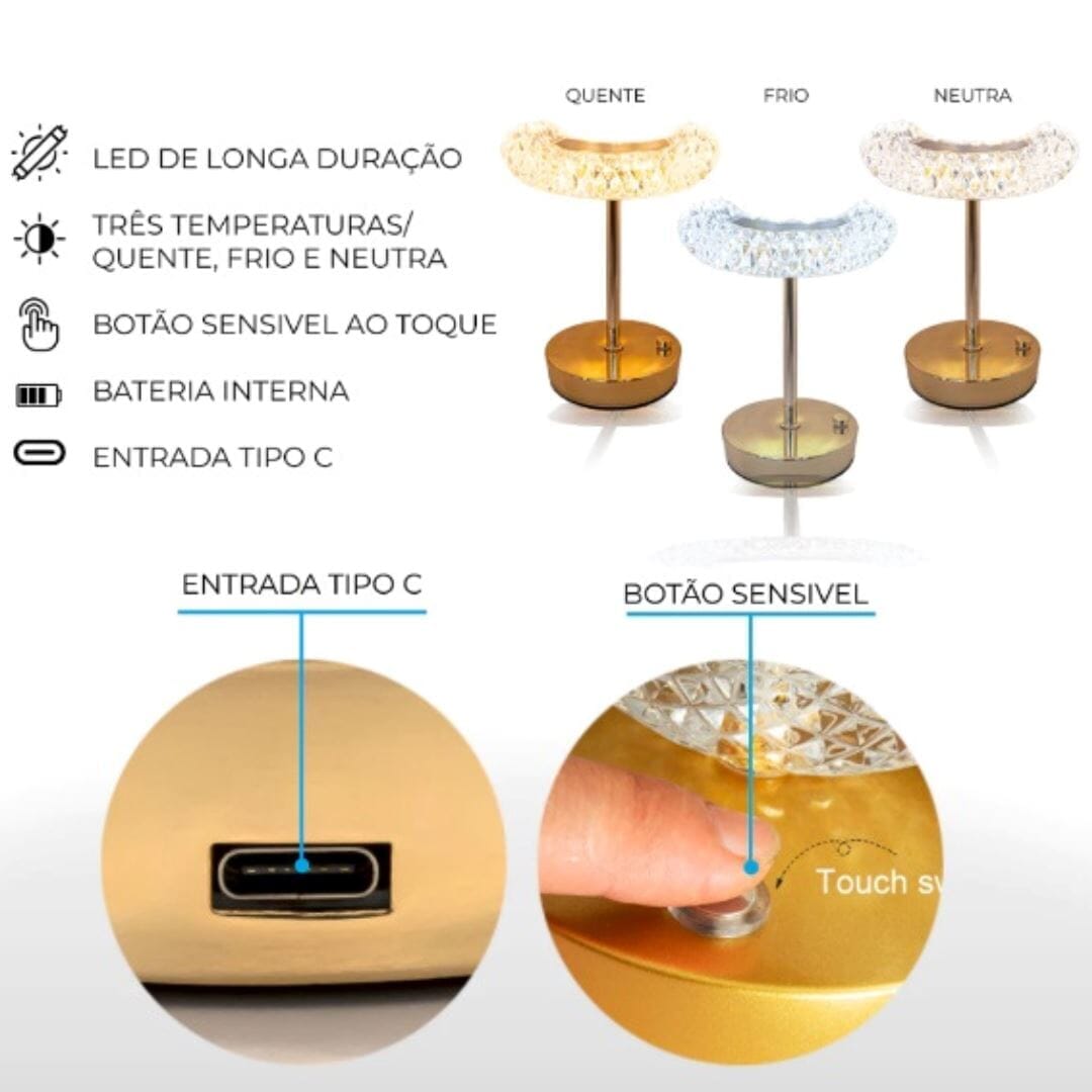 Luminária Abajur de Mesa Móvel Dainty Vintage Recarregável e Sem Fio