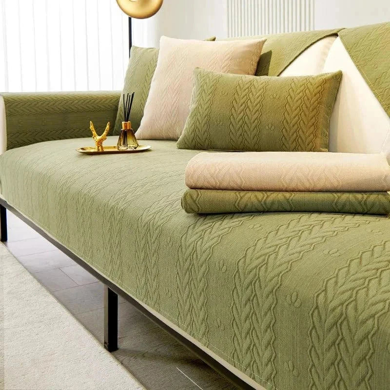 Capa de Sofá Chenille Luxo Tricot Verde Oliva – Antiderrapante e Impermeável