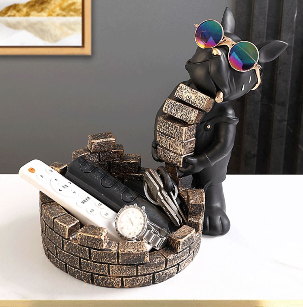Escultura Bulldog Mordomo Construtor Aparador Chave Controle Relógio