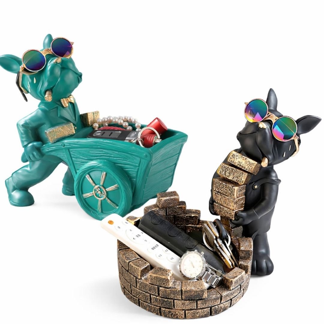 Escultura Bulldog Mordomo Construtor Aparador Chave Controle Relógio - Decors