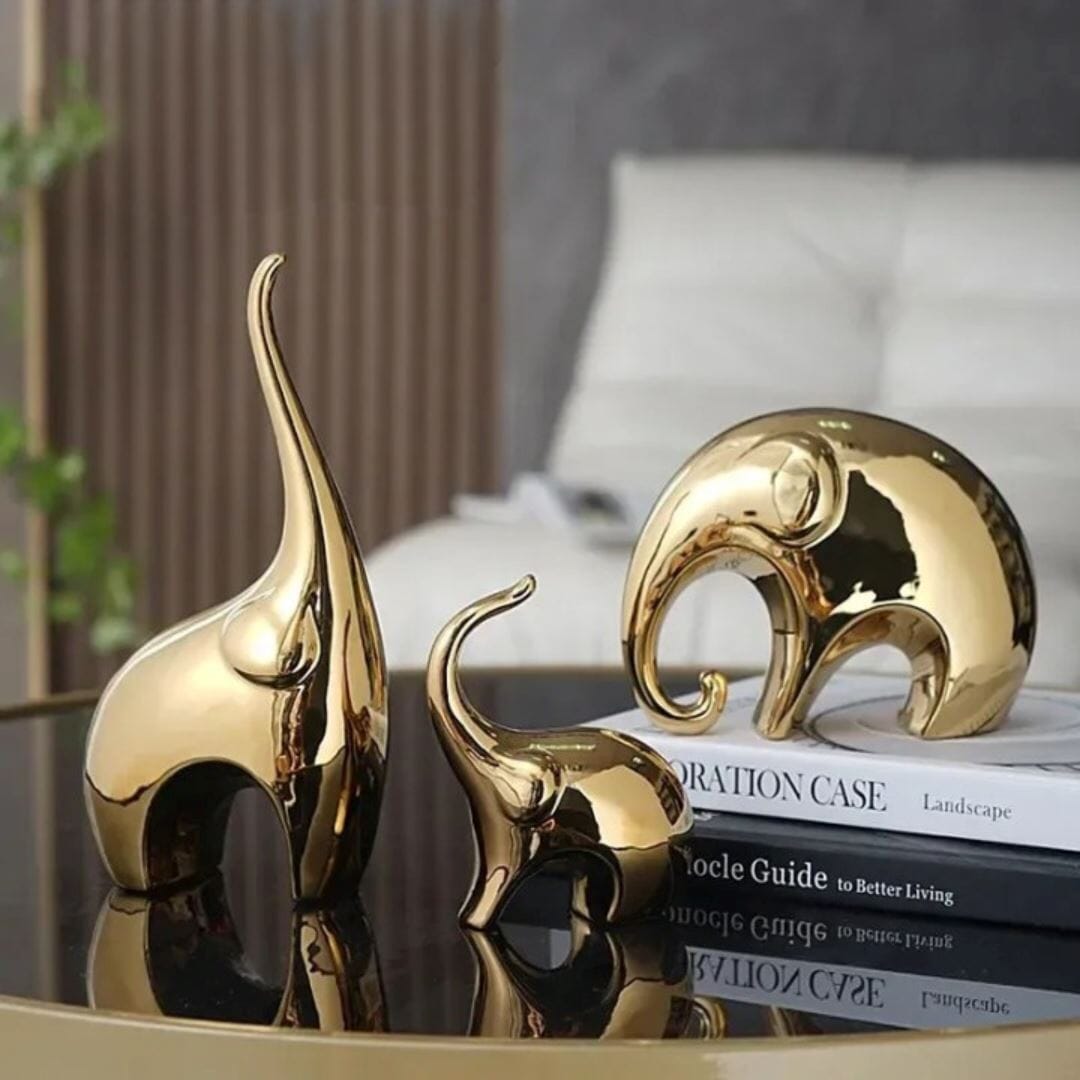 Escultura Família Elefante Brilhante (03 Peças)
