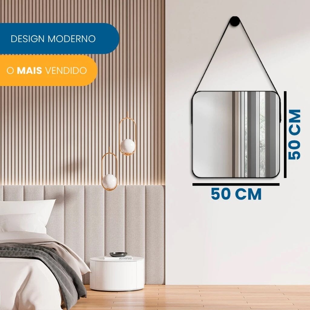 Espelho Decorativo Quadrado Beady Suspenso de Parede 50cm
