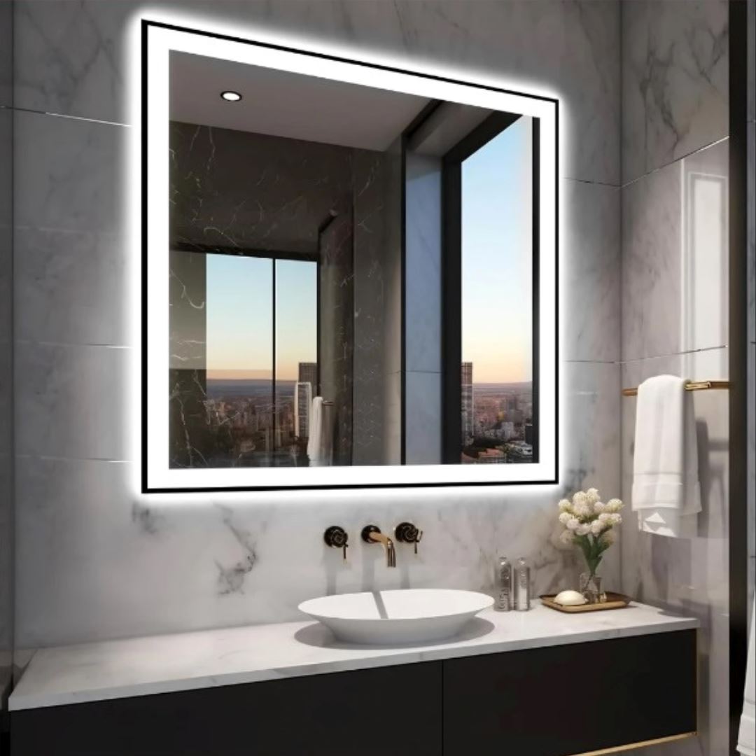 Espelho Decorativo Square Line com Led Jateado e Botão Touch 50cm - Decors