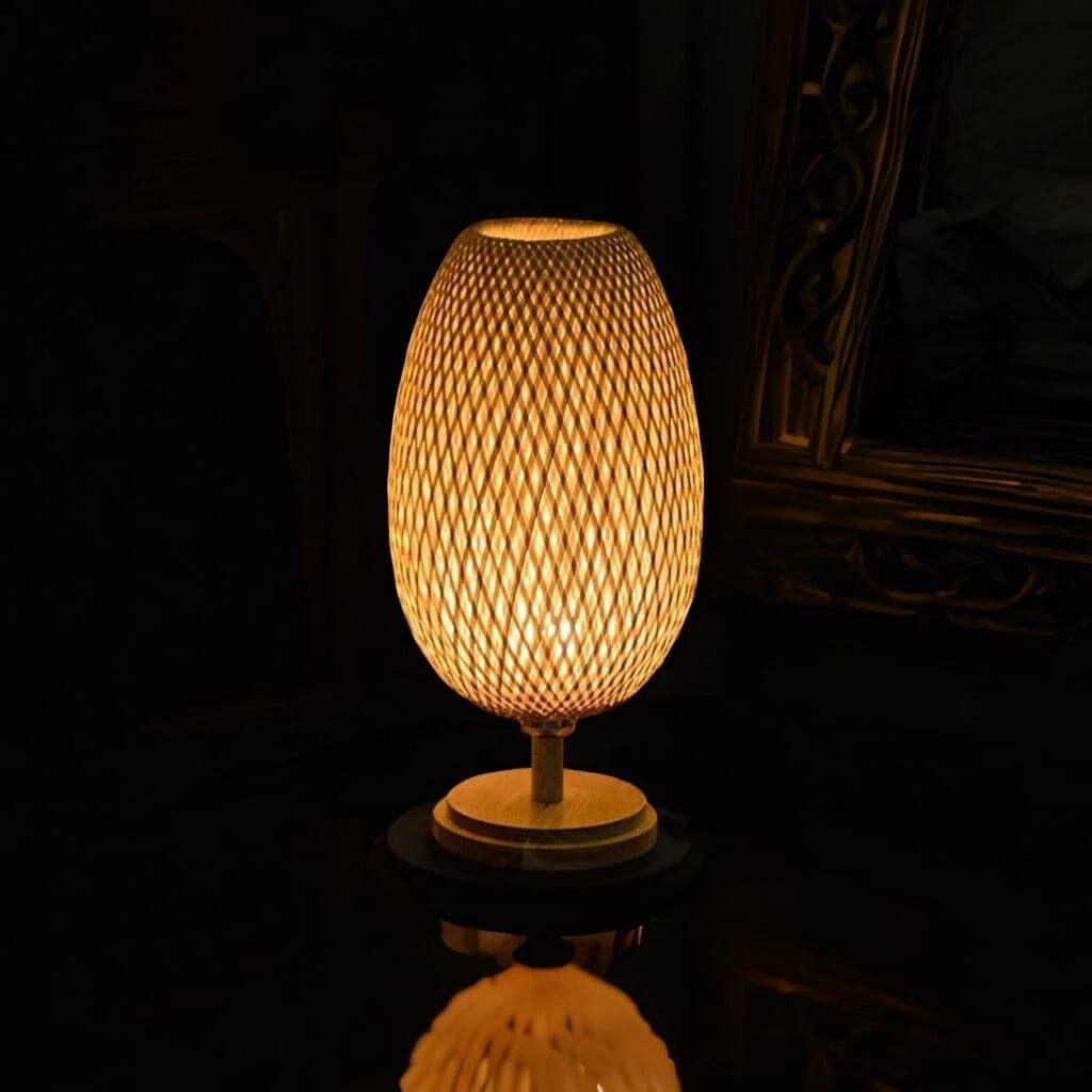 Luminária Abajur de Mesa Artesanal Bambu Rattan