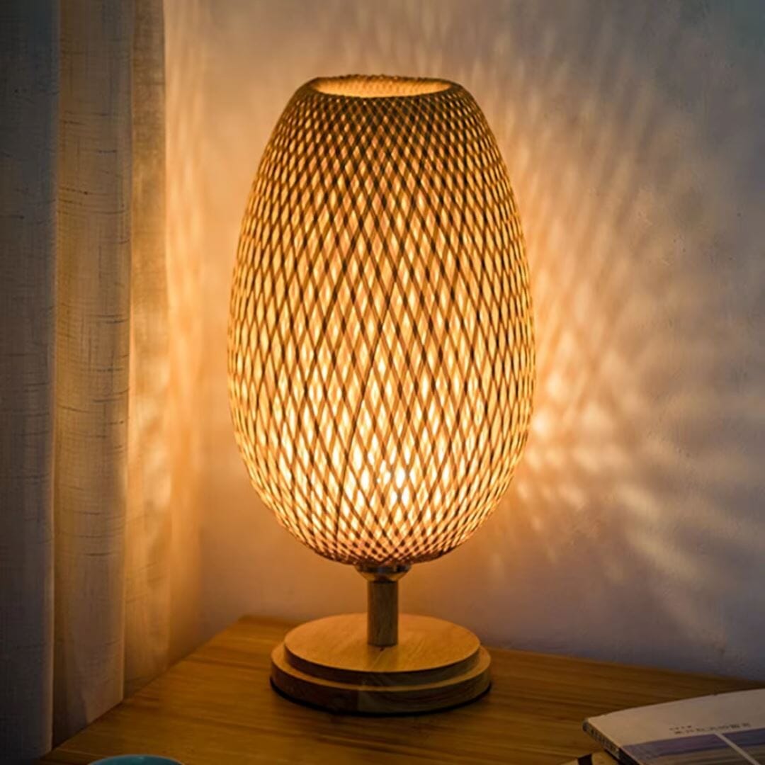 Luminária Abajur de Mesa Artesanal Bambu Rattan