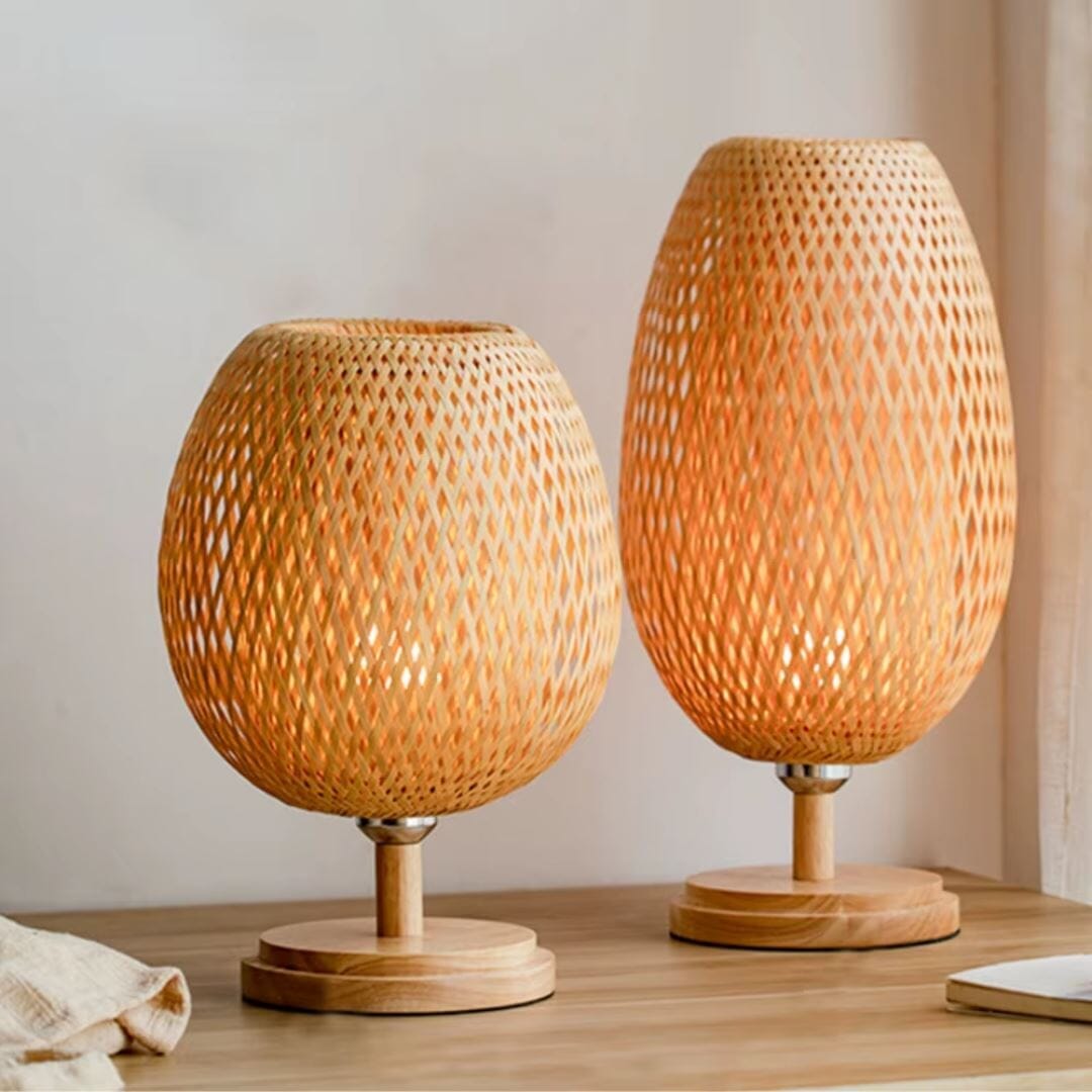 Luminária Abajur de Mesa Artesanal Bambu Rattan