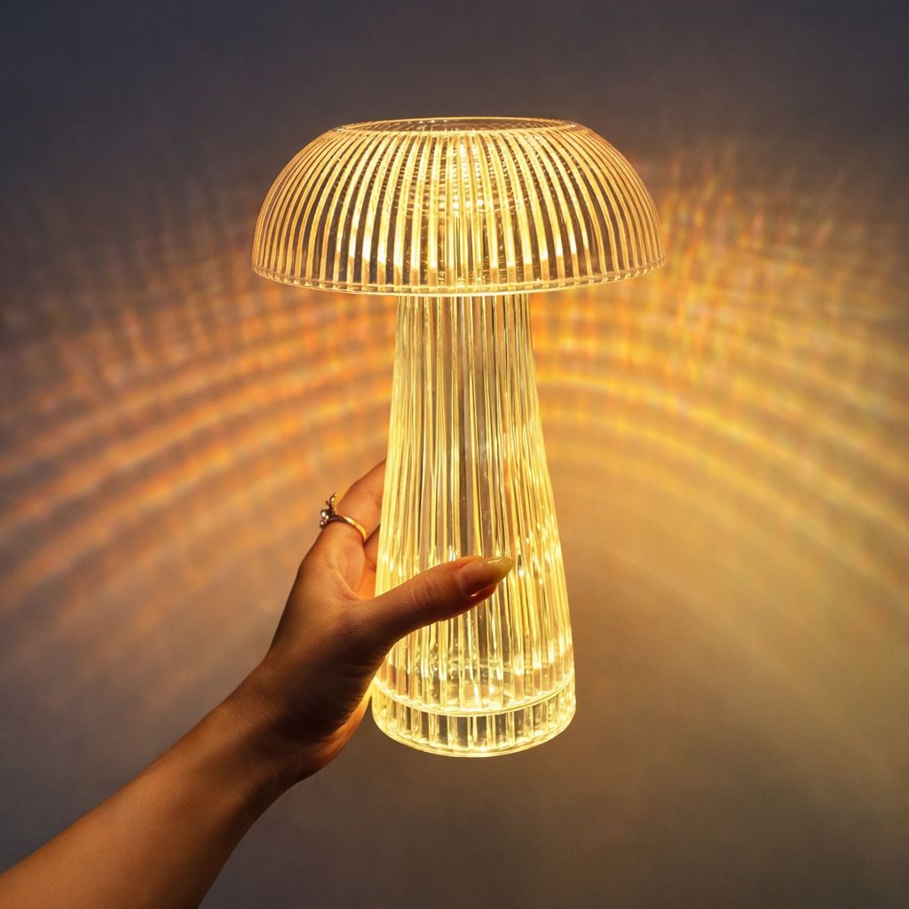 Luminária Abajur de Mesa Cogumelo em Cristal Sem Fio e Recarregável