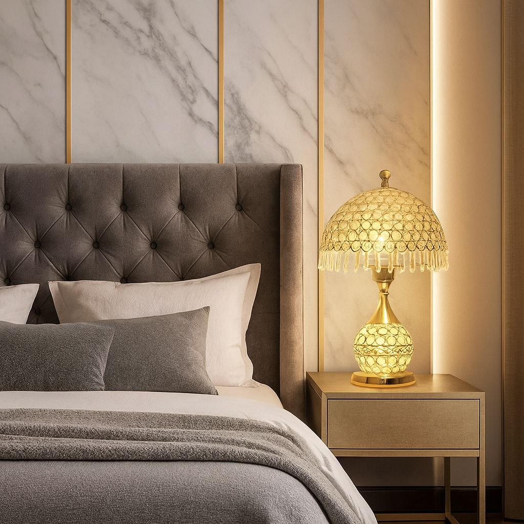 Luminária Abajur de Mesa Luxuoso Cogumelo Deluxe Crystals 43cm