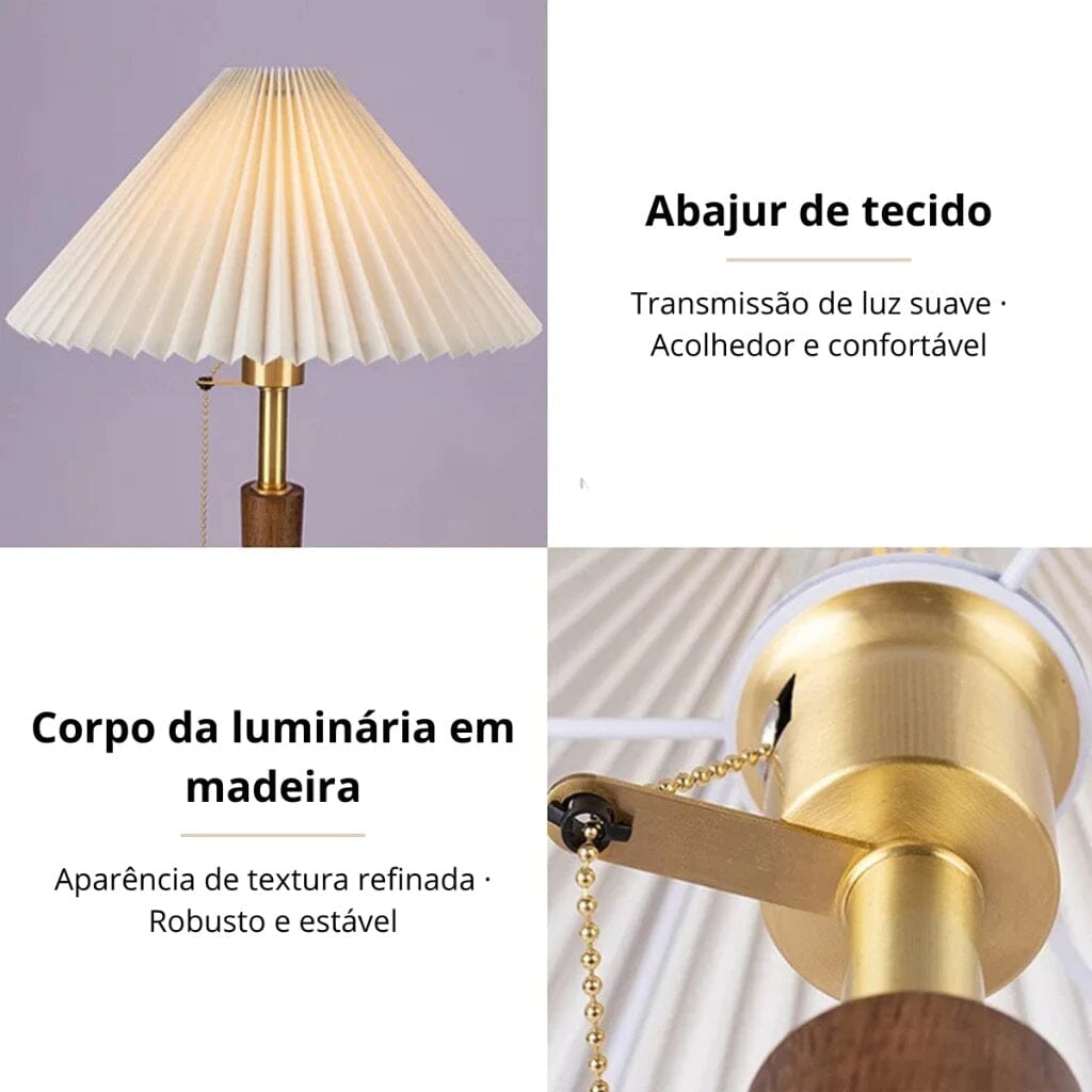 Luminária Abajur de Mesa Retrô Viena Plissado 47cm