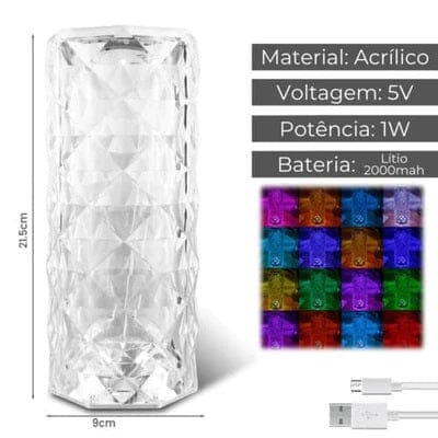 Luminária Cristal Touch de Mesa em Led - 16 Cores (Sem fio e Recarregável) - Decors